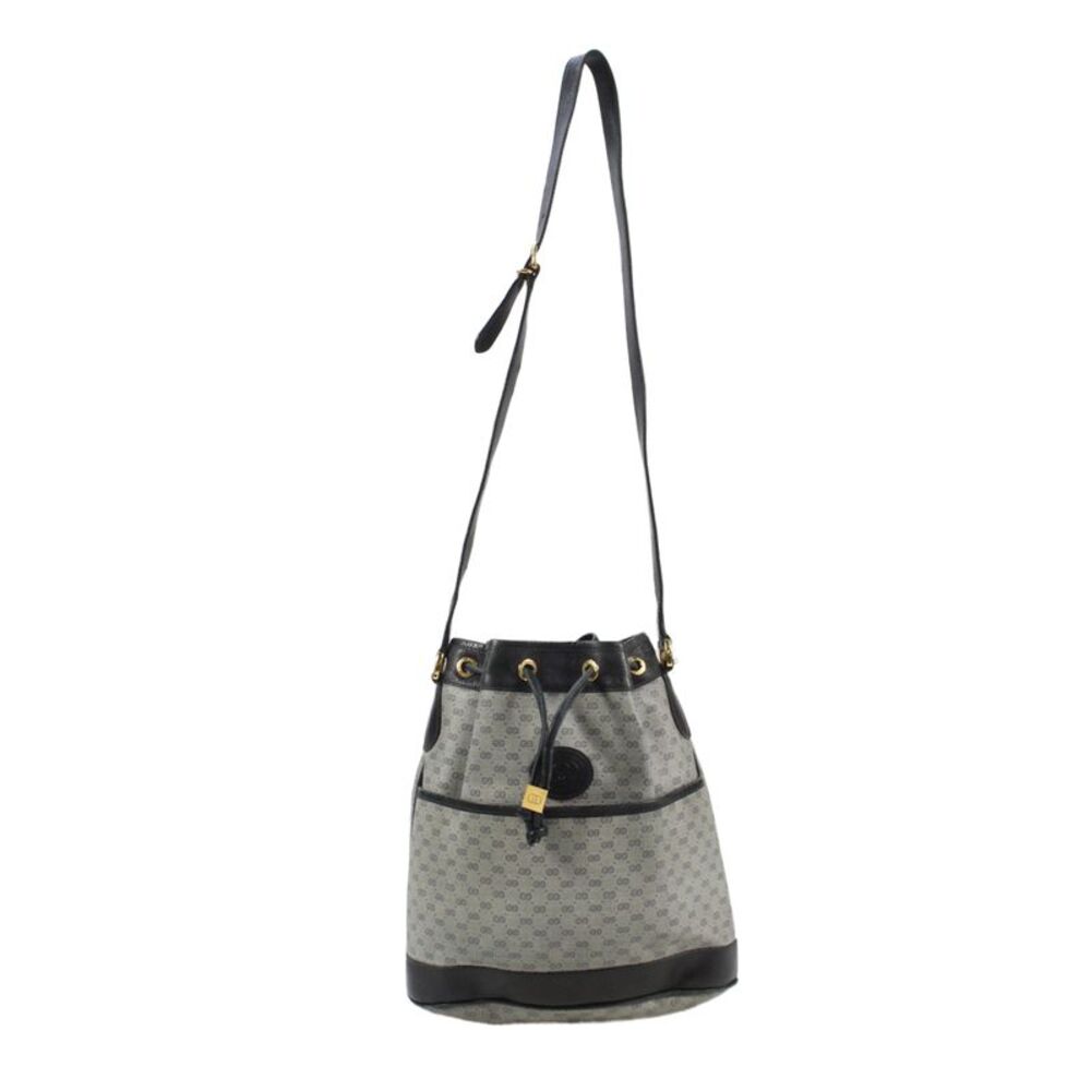 Gucci Womesn Leather Trim Drawstring Bucket Bag Navy